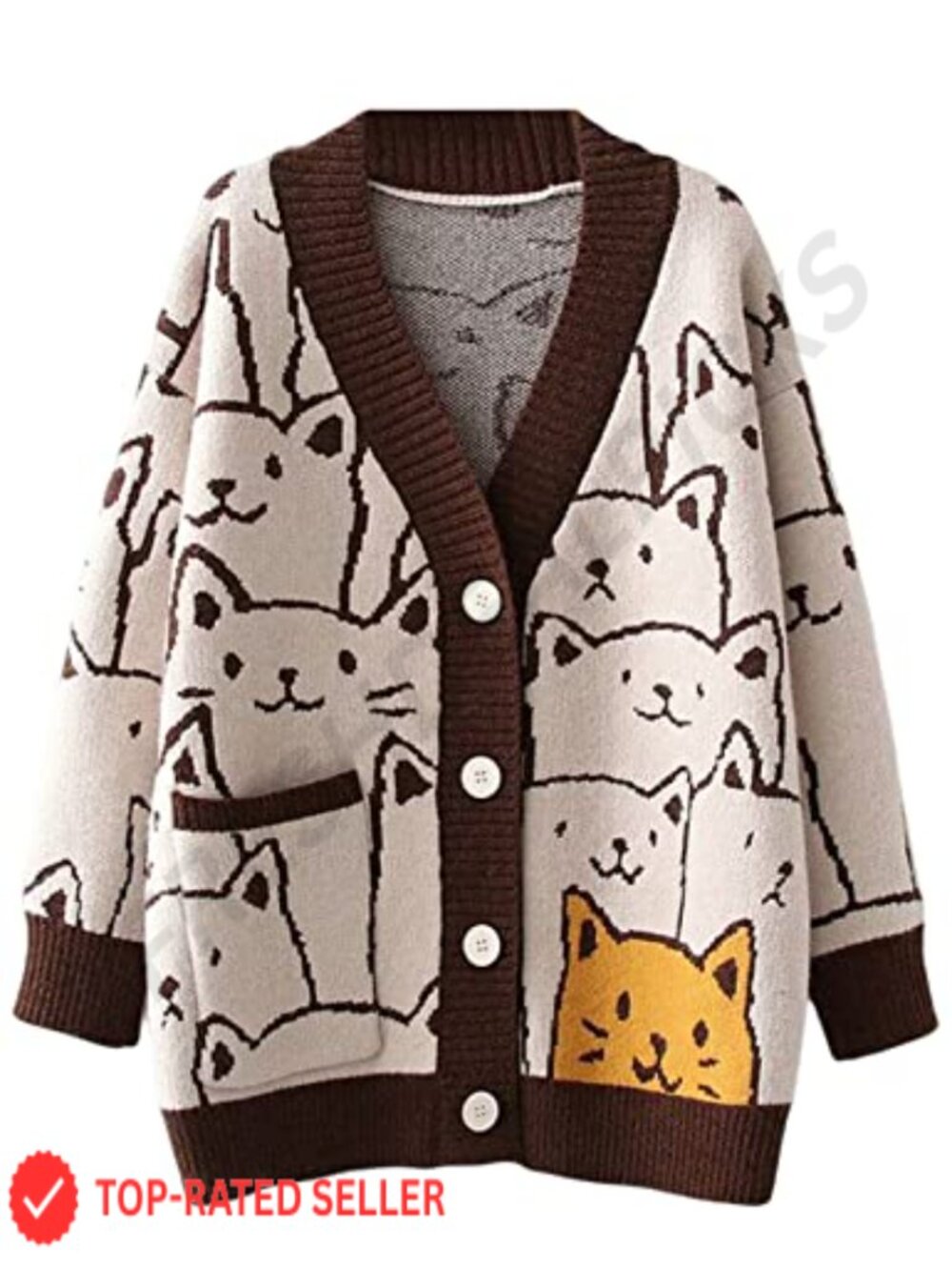 Kawaii Cat Print Oversized V-Neck Button Down Knitted Cardigan Sweater